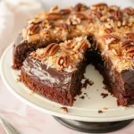 german chocolate upside down cake recipe photoo1 with coconut-pecan topping on cream cake plate with one slice removed showing chocolate cake layer