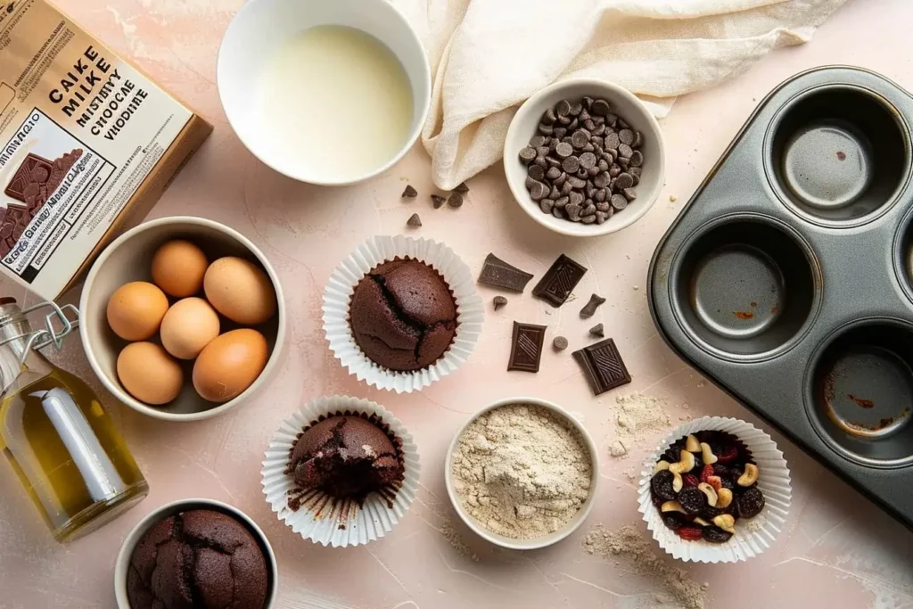 Ingredients for chocolate cake mix muffins arranged on a light surface - cake mix, eggs, buttermilk, and mix-ins
