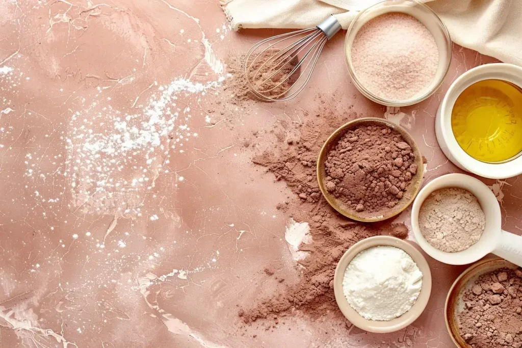 Five simple baking ingredients for 5-ingredient chocolate cake recipe arranged in cream bowls on blush pink marble countertop with measuring tools