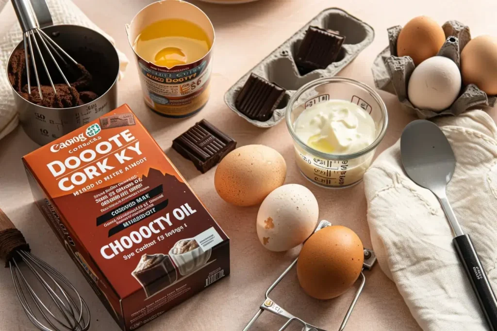 Ingredients for Doctored Chocolate Cake Mix with Sour Cream arranged on a light surface - cake mix, sour cream, eggs, oil, pudding mix, and vanilla