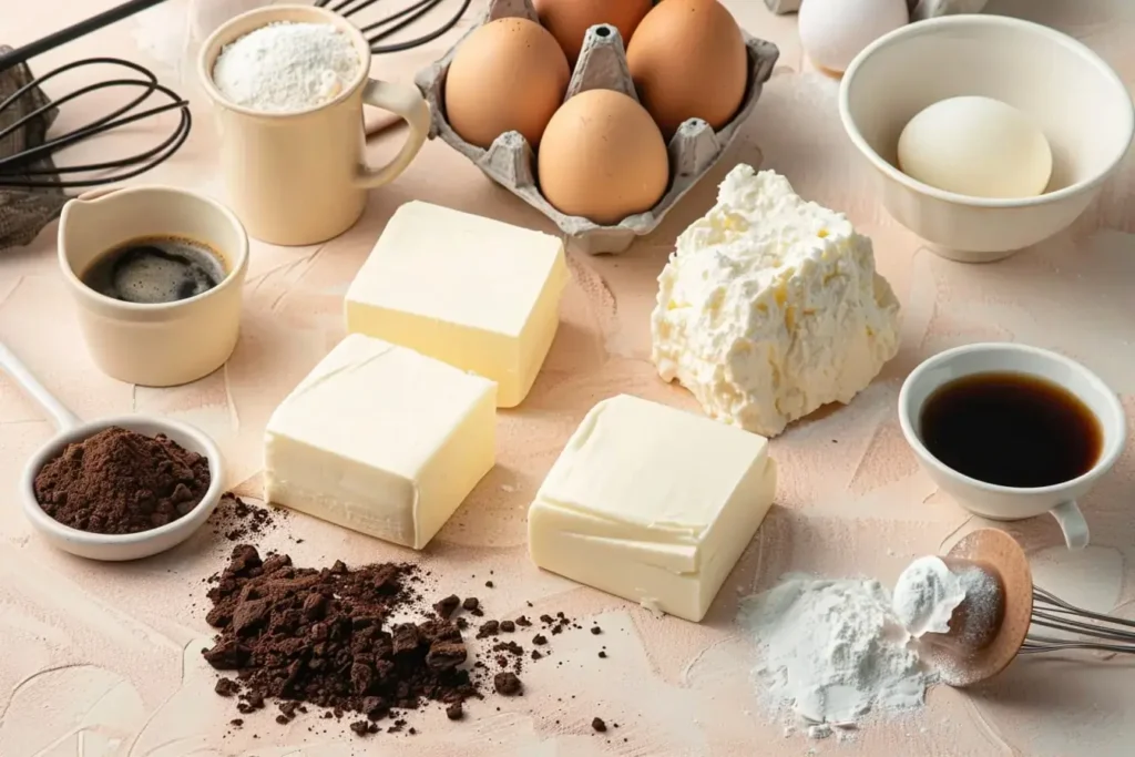 ingredients for chocolate cream cheese cake recipe: two blocks of cream cheese, butter, eggs, flour, cocoa powder, sugar, vanilla extract, buttermilk, and a small cup of coffee