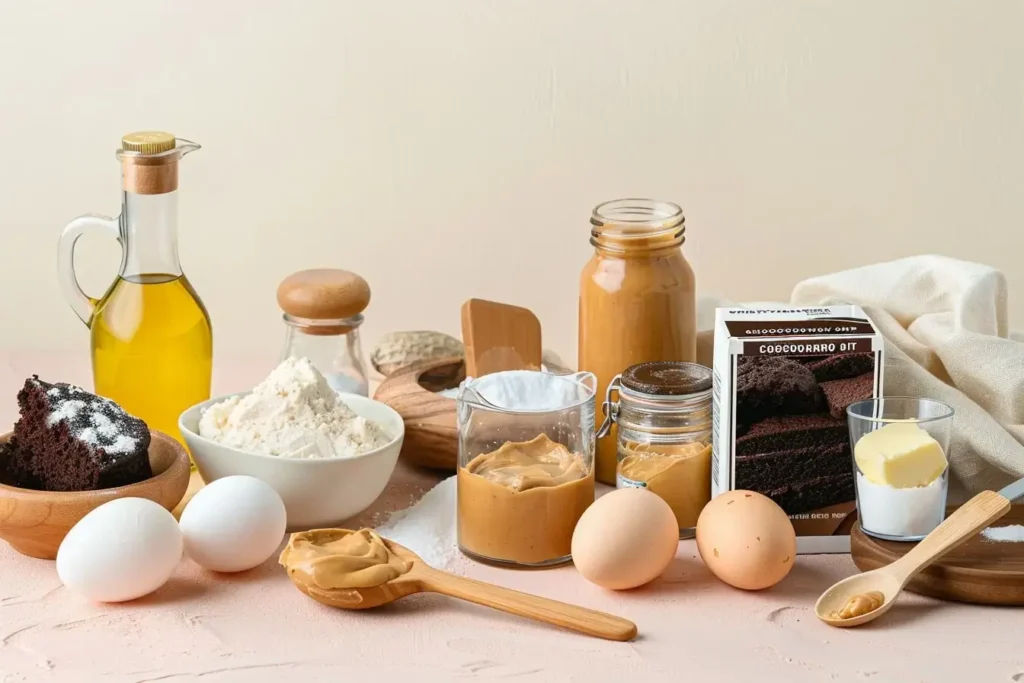 Ingredients for chocolate peanut butter cake mix arranged on a light surface - cake mix, eggs, peanut butter, and baking essentials