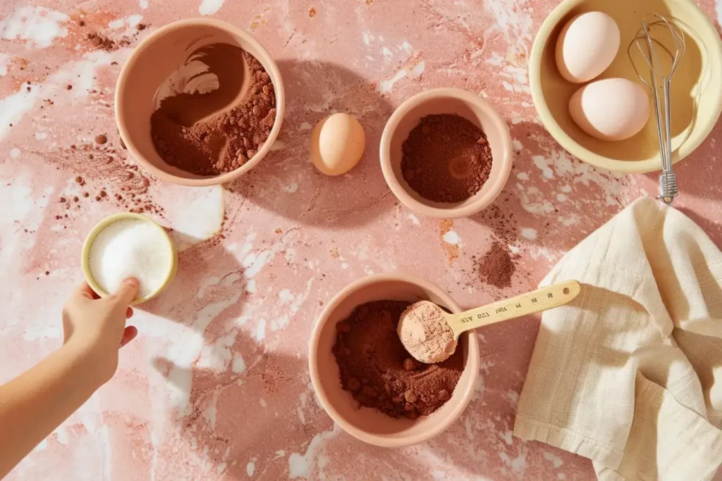 Baking ingredients for kid-friendly chocolate cake recipe arranged in cream bowls on blush pink marble countertop with child's hand adding cocoa powder