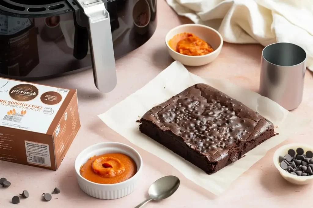 Just two ingredients - chocolate cake mix and pumpkin puree - needed to make fudgy air fryer brownies.two ingredient air fryer brownies