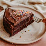 kid-friendly chocolate cake recipe with colorful sprinkles on cream plate, one slice removed showing moist texture, with child's hand reaching with fork