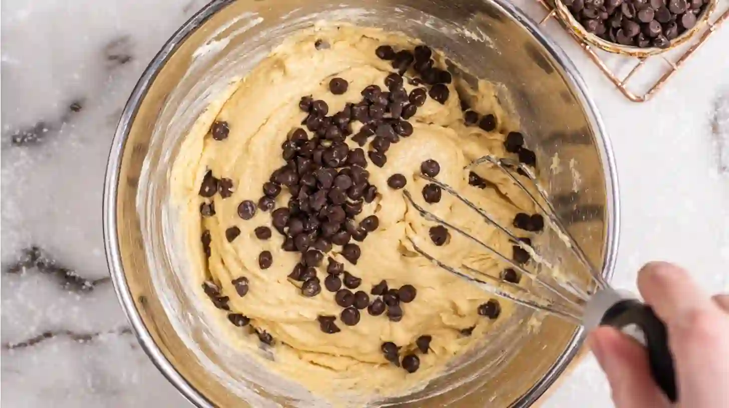 mixing-chocolate-chip-bundt-batter folding chocolate chips into bundt cake batter