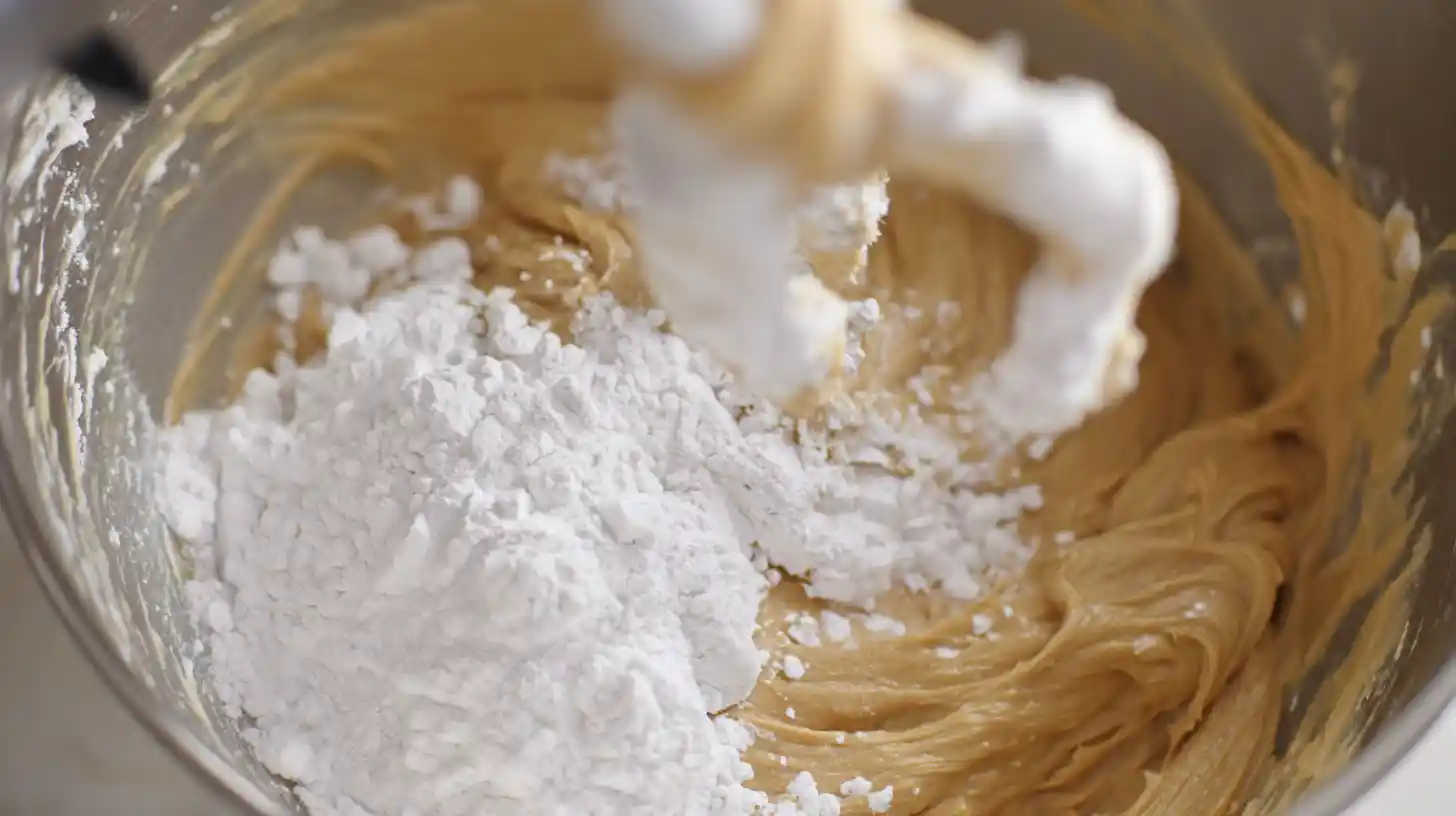 Mixing powdered sugar, salt, and vanilla into peanut butter frosting – high AdSense cake mix dessert step