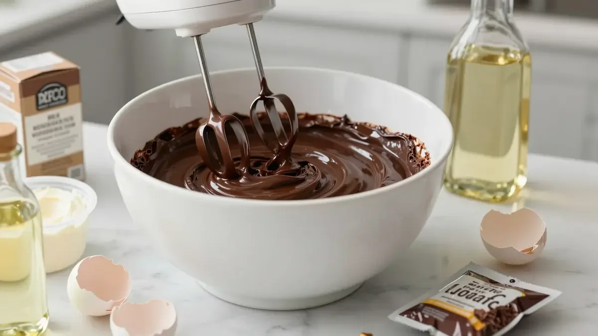 Mixing rich chocolate cake batter in one bowl with electric mixer on marble counter using cake mix, sour cream, pudding, and eggs — easy one-bowl decadent chocolate cake recipe.