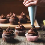 Piping chocolate frosting on cupcakes – easy chocolate dessert recipe for families
