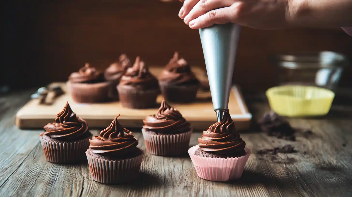 piping-frosting-air-fryer-chocolate-cupcakes Piping chocolate frosting on cupcakes – easy chocolate dessert recipe for families