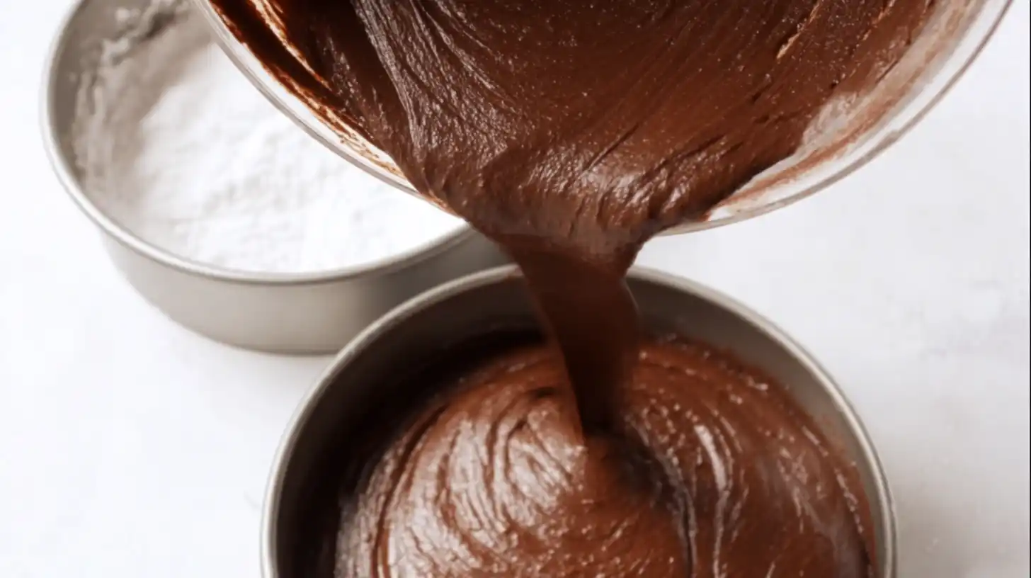 Pouring rich chocolate peanut butter batter into cake pans – easy cake mix dessert recipe for high AdSense earnings