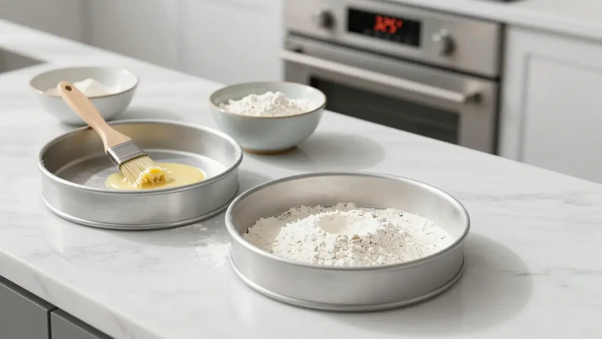 Preheating oven to 325°F and greasing round cake pans with butter and flour on a marble countertop — essential prep step for moist bakery-style chocolate cake from boxed mix.