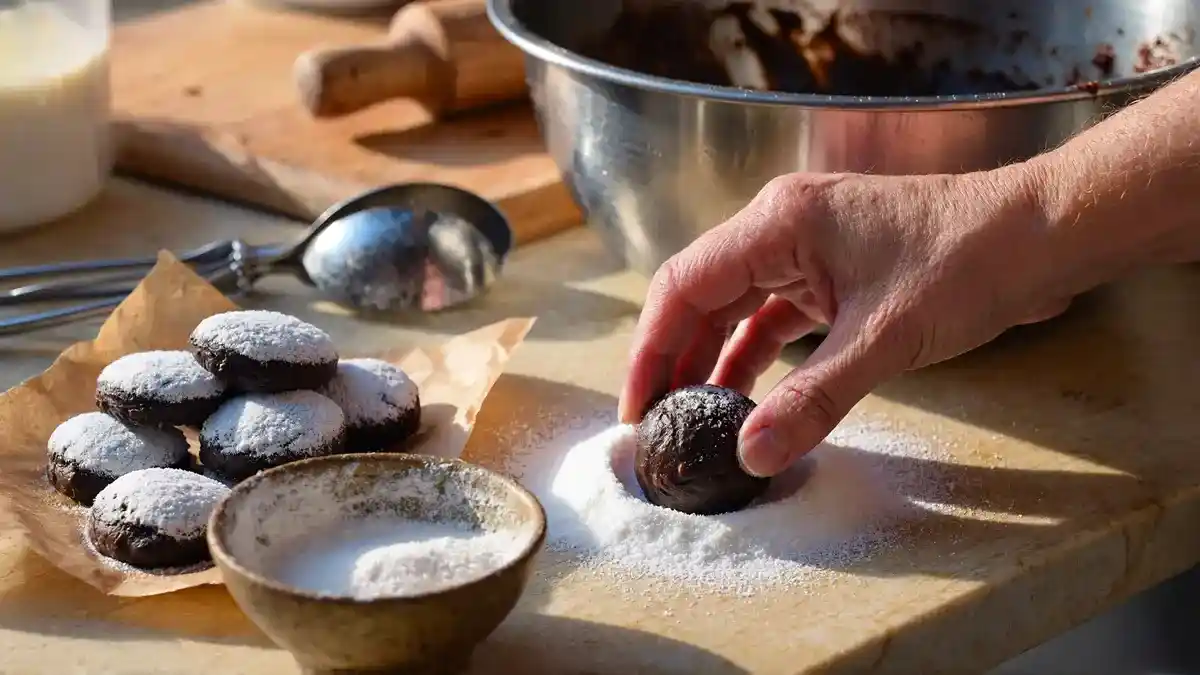 Rolling fudgy chocolate crinkle cookie dough in powdered sugar for classic crackle texture and bakery-style look