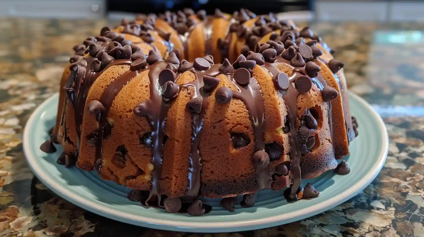 Served Chocolate Chip Bundt Cake recipe on a plate with rich chocolate drizzle and mini chocolate chips for an easy homemade dessert