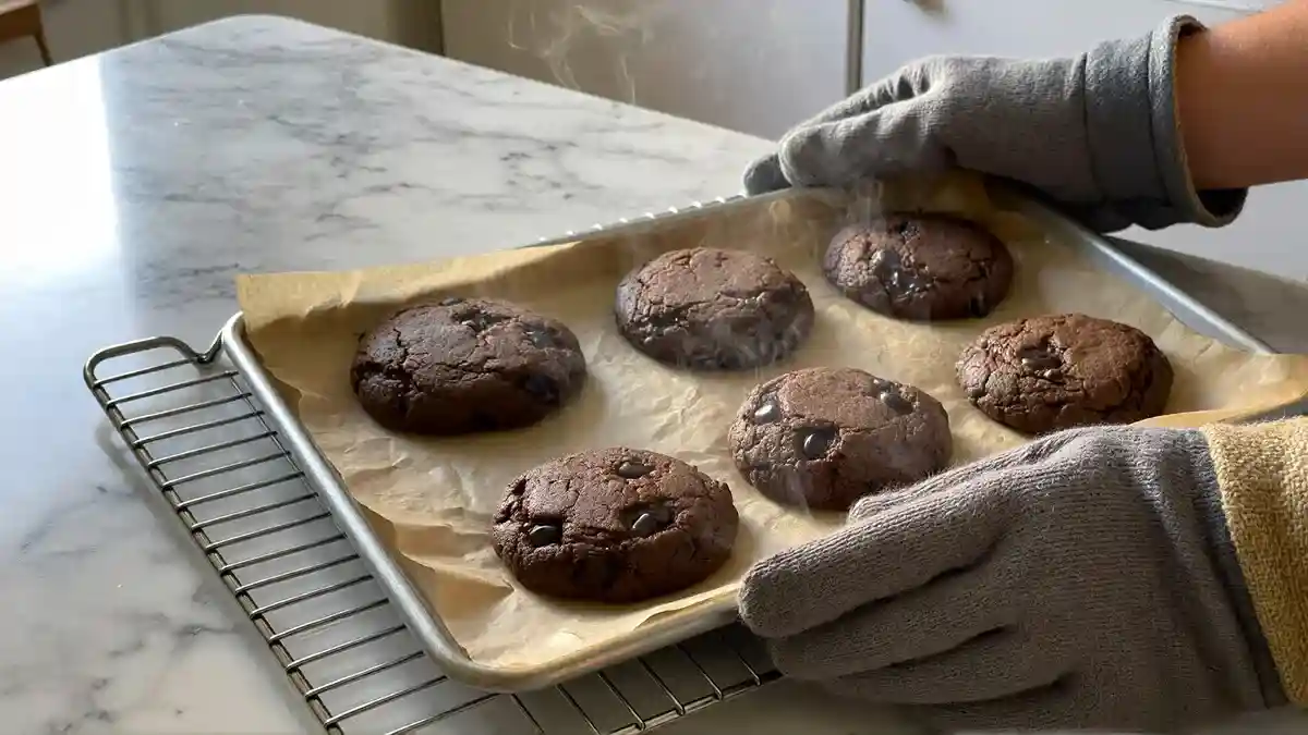 Chocolate cake mix cookies baking on a tray with set edges — easy 10-minute soft baked cookie recipe