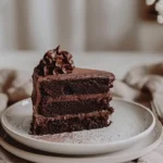 Slice of moist three-layer sour cream chocolate cake recipe with chocolate frosting showing rich, tender crumb texture on a white plate