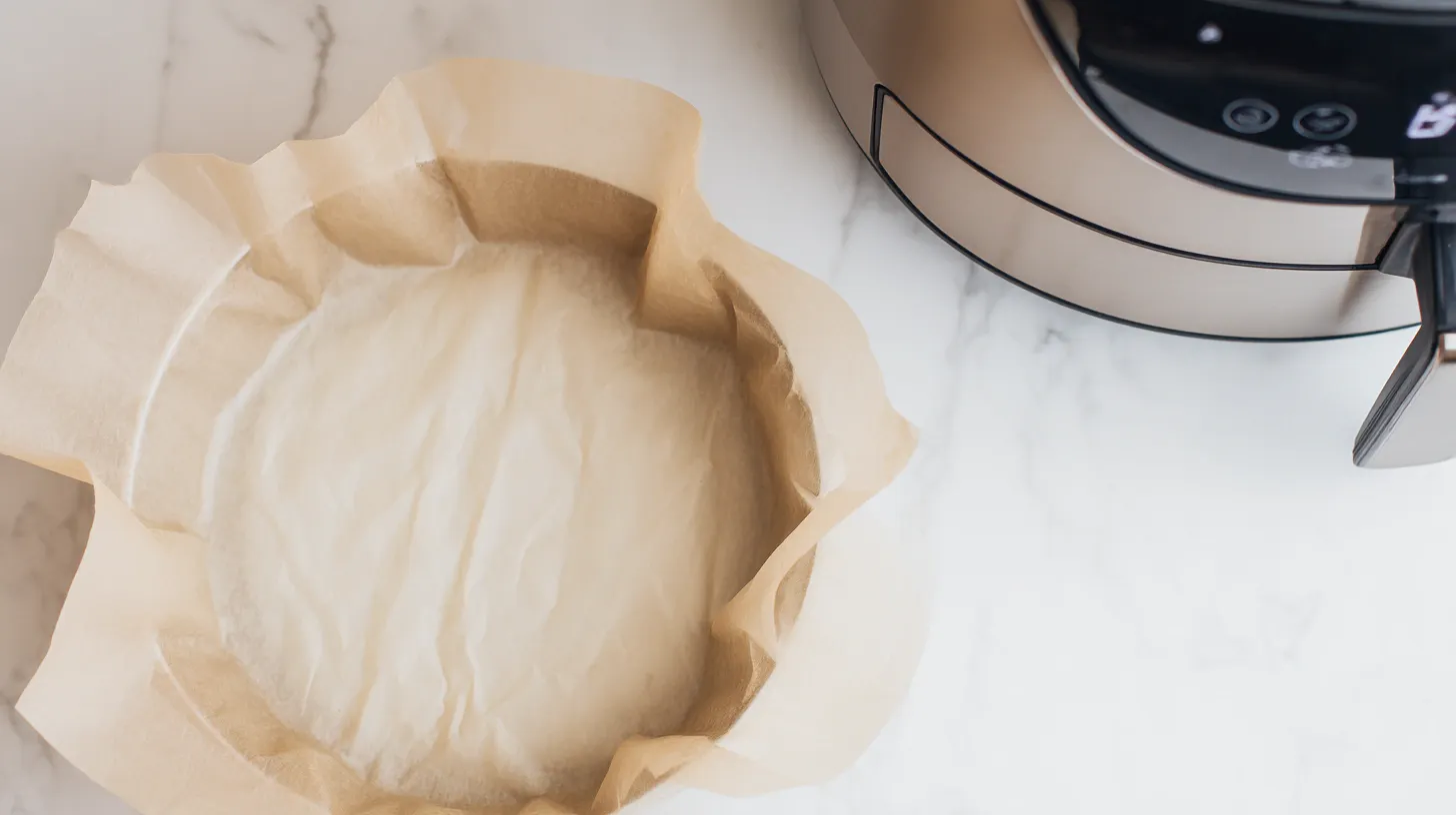 step-1-preheat-air-fryer-brownies Best air fryer for desserts preheating at 310°F with parchment-lined baking dish for two ingredient brownies