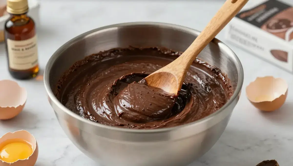 Step 2 chocolate cake mix muffin batter being whisked until smooth and glossy in one bowl, easy one-bowl chocolate muffin recipe preparation.