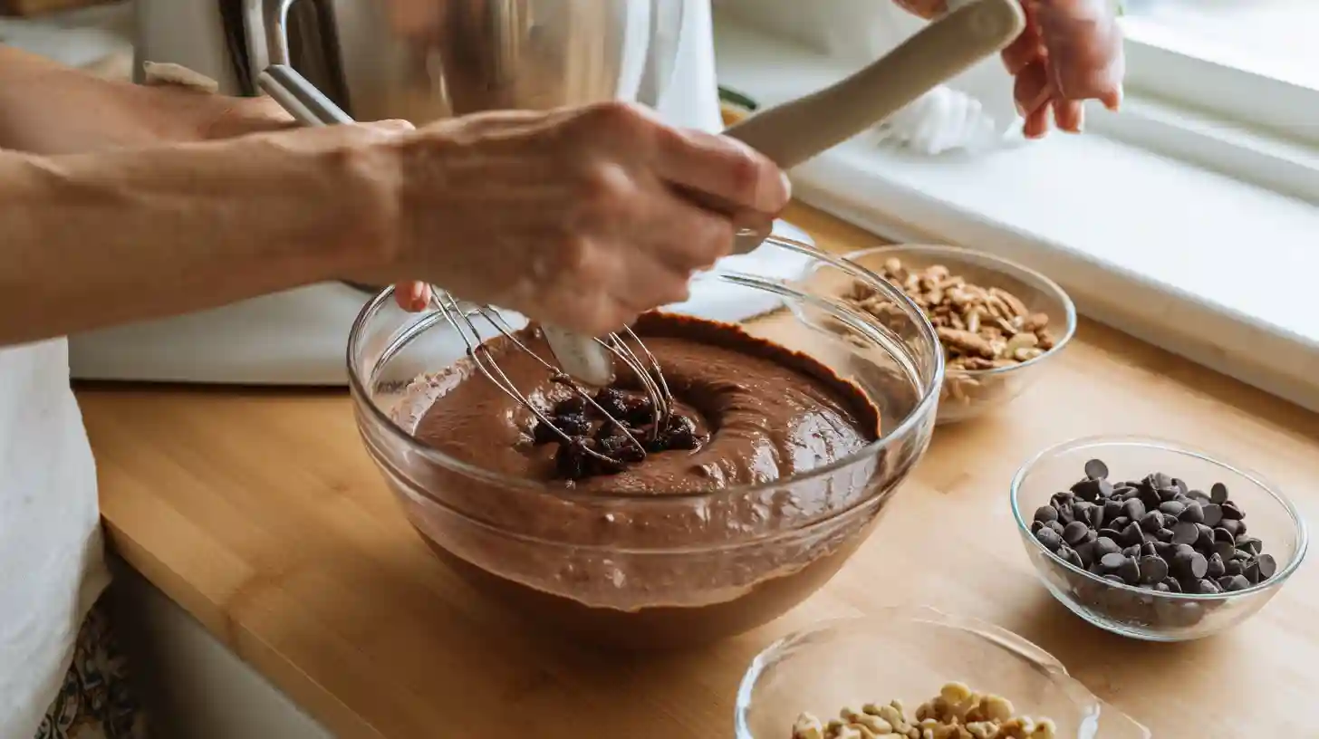 step-3-fold-chocolate-chips-fruit-cake-mix Folding chocolate chips and cranberries into cake batter – quick chocolate baking recipes, easy dessert recipes with cake mix, best simple baking ideas for moms