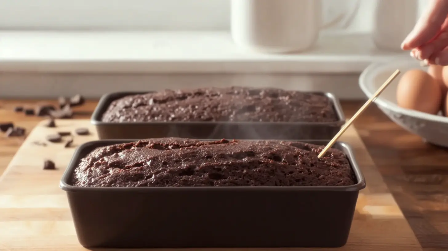 step-4-baking-chocolate-cake-loaves-toothpick-test Baking chocolate cake mix loaves in oven-ready pans – easy cake mix dessert ideas, quick chocolate baking recipes, 30-minute baking recipes for busy moms
