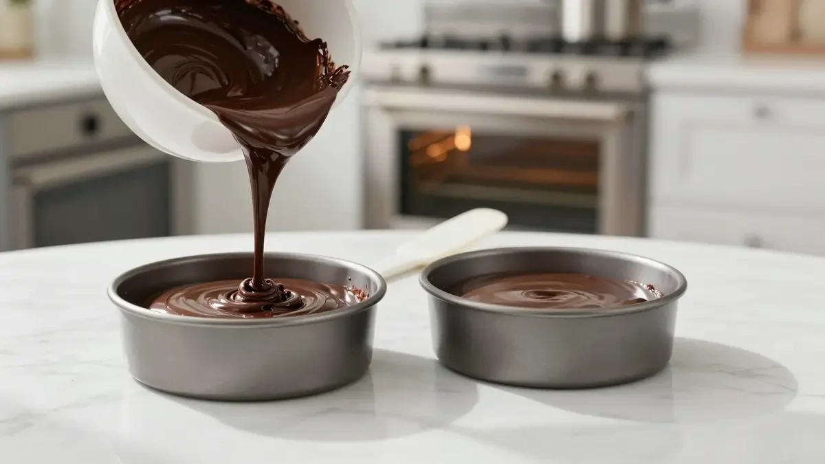 Chocolate cake batter being poured into round pans from a bowl for German chocolate cake using boxed cake mix – step-by-step baking process.