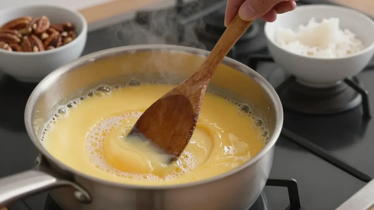 Thick coconut pecan frosting cooking in a saucepan on stovetop – rich and creamy homemade frosting for German chocolate cake recipe.