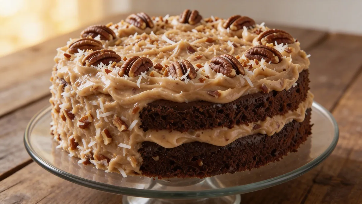 Assembled German chocolate layer cake with coconut pecan frosting between layers and on top – traditional southern-style dessert using cake mix.