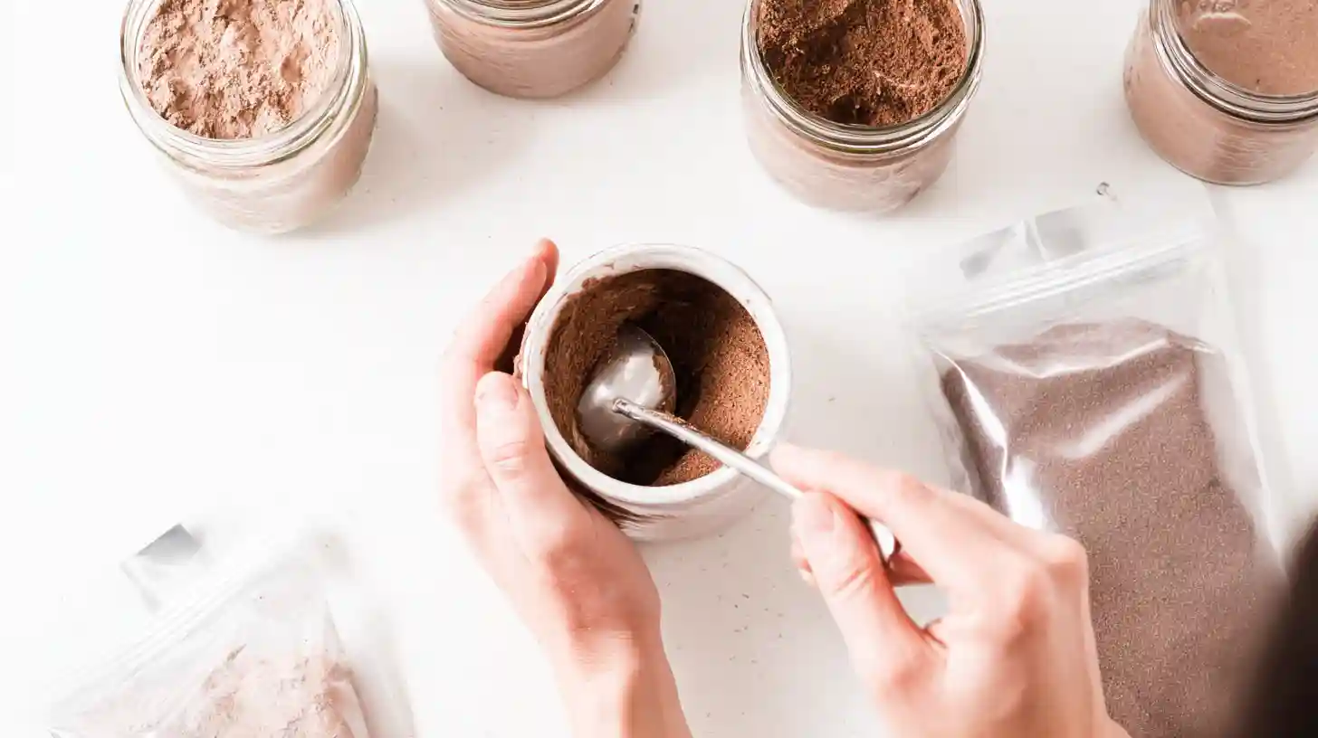 storing-gluten-free-chocolate-cake-mix Storing gluten-free chocolate cake mix recipe in mason jars and bags for make-ahead gluten-free cake mix and easy gluten-free desserts