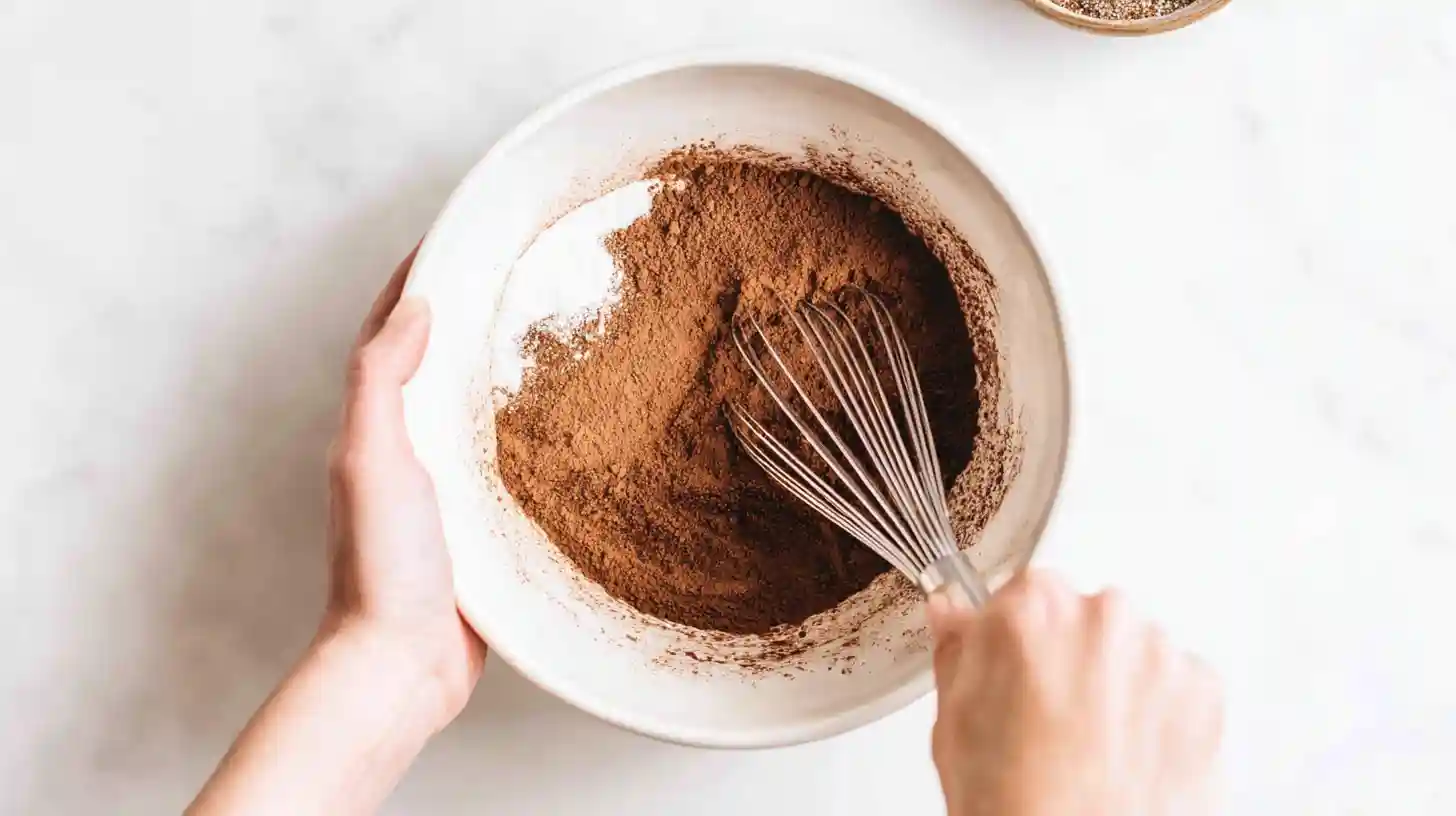 whisking-gluten-free-chocolate-cake-mix Whisking dry ingredients for gluten-free chocolate cake mix recipe with best gluten-free baking flour for quick gluten-free baking recipes