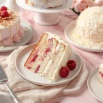Three white chocolate cake recipes photo 6 featuring raspberry layer cake, coconut cake, and glazed bundt cake on cream plates against blush background