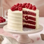 white chocolate raspberry cake recipe photo w1 with vibrant red filling between white cake layers, topped with fresh berries on cream cake stand