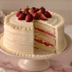 white chocolate strawberry cake recipe photo 60 with pink frosting and fresh berry topping on ivory cake stand, showing a slice with strawberry filling