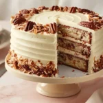 white german chocolate cake recipe photo 3 with traditional coconut-pecan frosting between layers and on top, showing contrast between white cake and golden topping