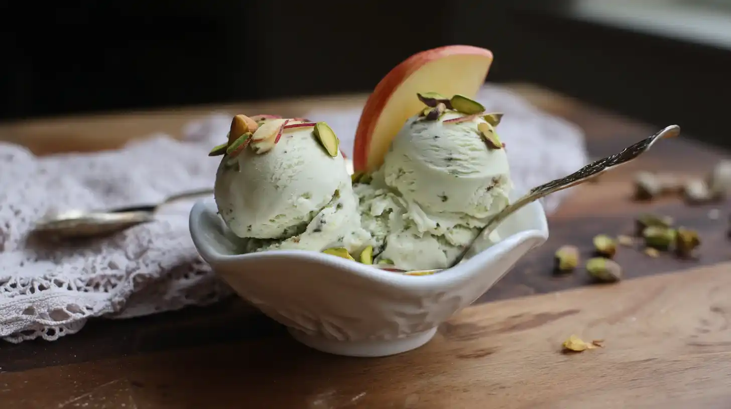 apple-mint-ice-cream-serving Apple mint ice cream scoops served with toppings