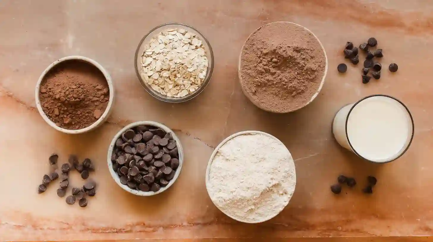 brownie-batter-protein-ingredients Ingredients for high protein brownie batter laid out on surface