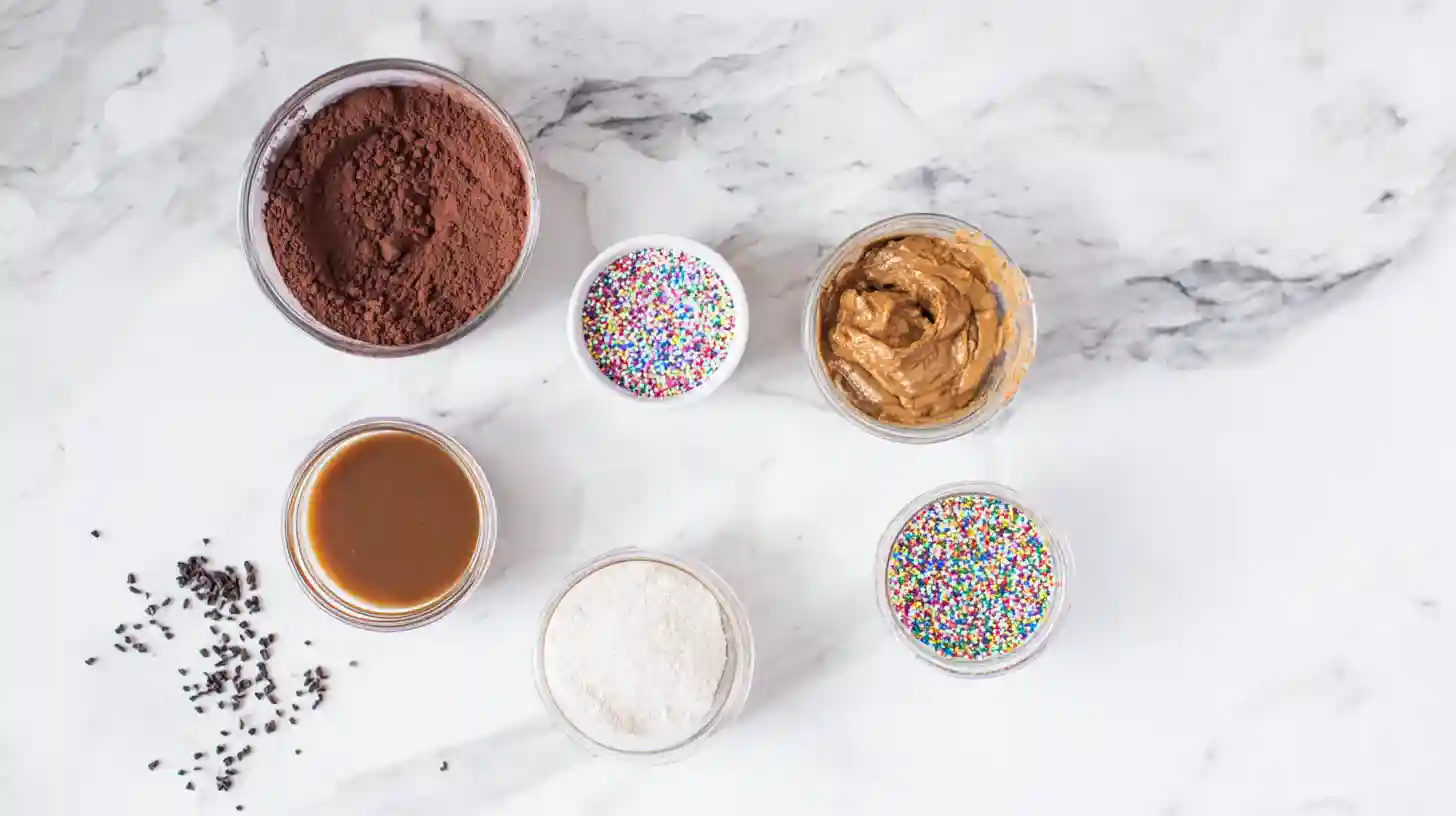 cosmic-brownie-bites-ingredients Ingredients for cosmic brownie protein bites on marble counter