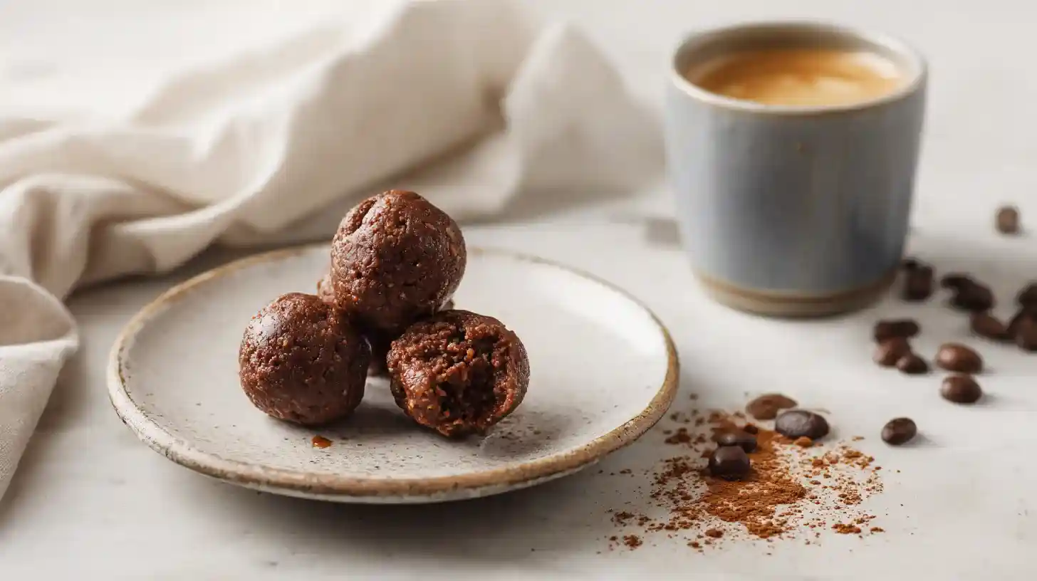 cottage-cheese-protein-bites-serving Brownie batter protein bites served on plate with coffee