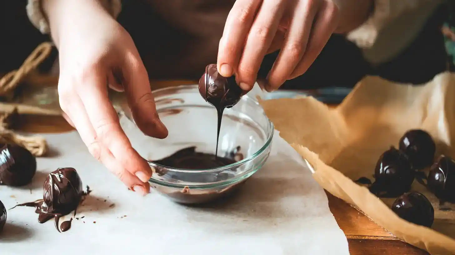 easter-egg-truffle-process Shaping and dipping Easter truffle eggs in melted chocolate