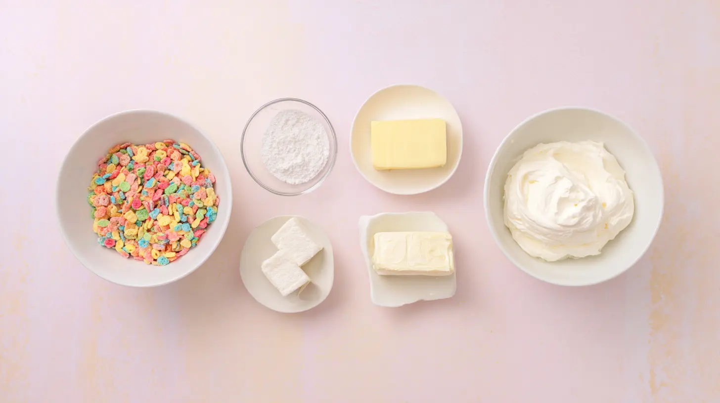 fruity-pebbles-cheesecake-ingredients Ingredients for Fruity Pebbles cheesecake no bake