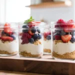 High protein cheesecake jars on a tray
