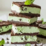 Stack of mint chocolate chip ice cream sandwiches with brownie layers