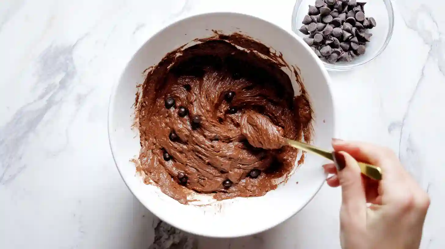 mixing-brownie-batter-protein Stirring high protein brownie batter with spoon in white bowl