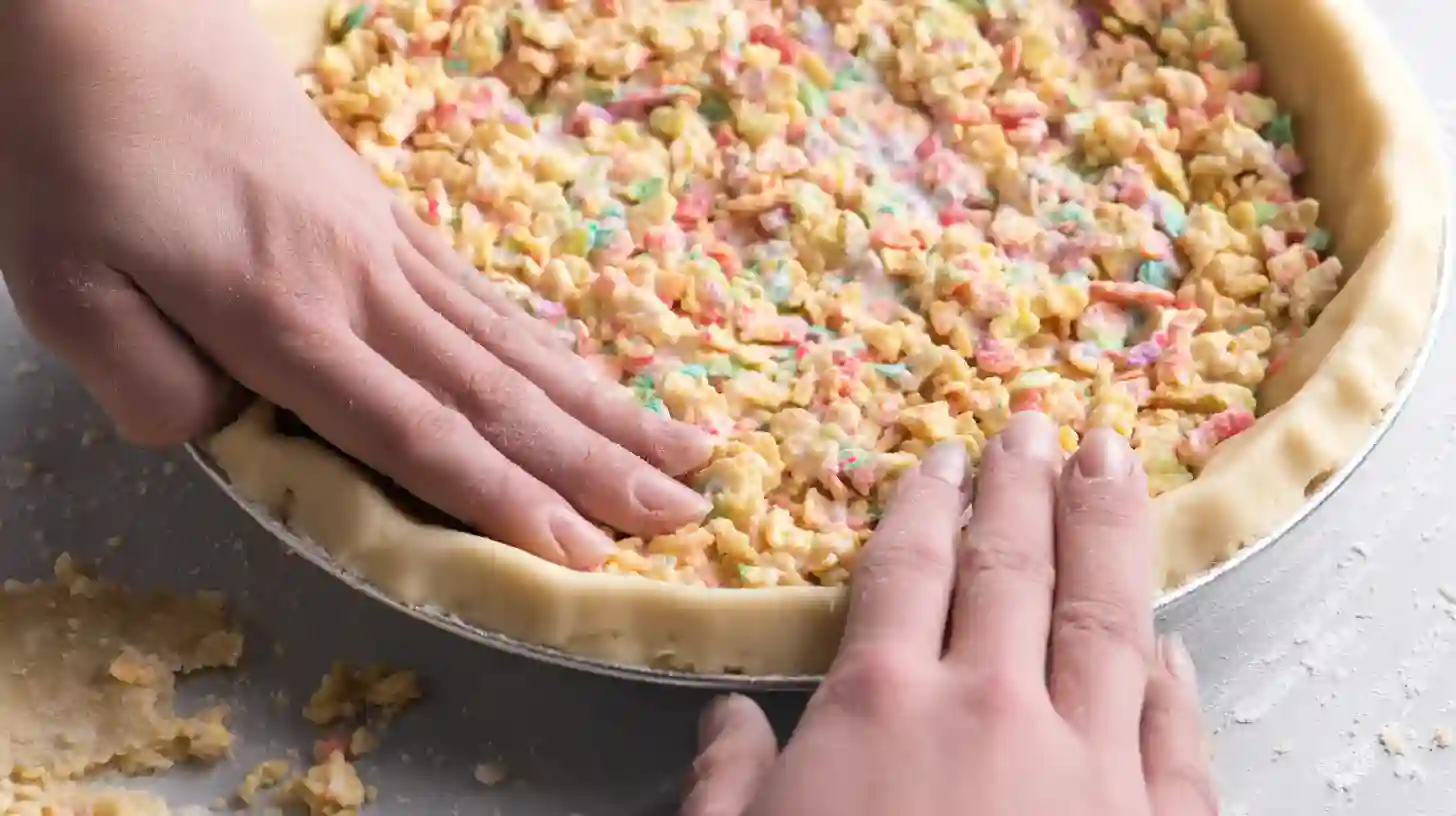 pressing-fruity-pebbles-cheesecake-crust Pressing Fruity Pebbles crust into pan