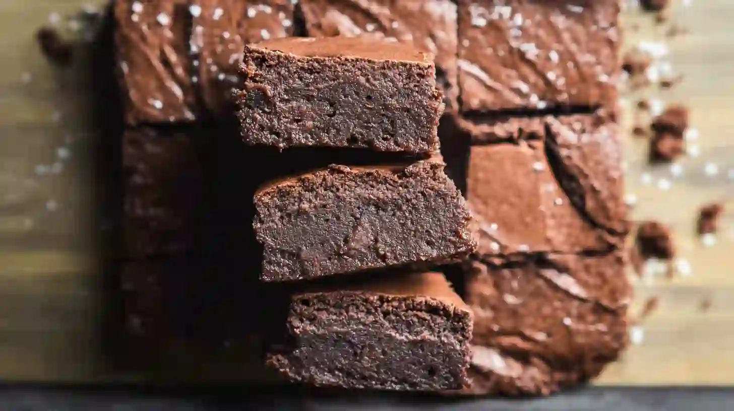 protein-brownies-featured2 A stack of rich, protein brownies cut into squares, with a moist, dense texture and a dusting of sea salt on a wooden surface.