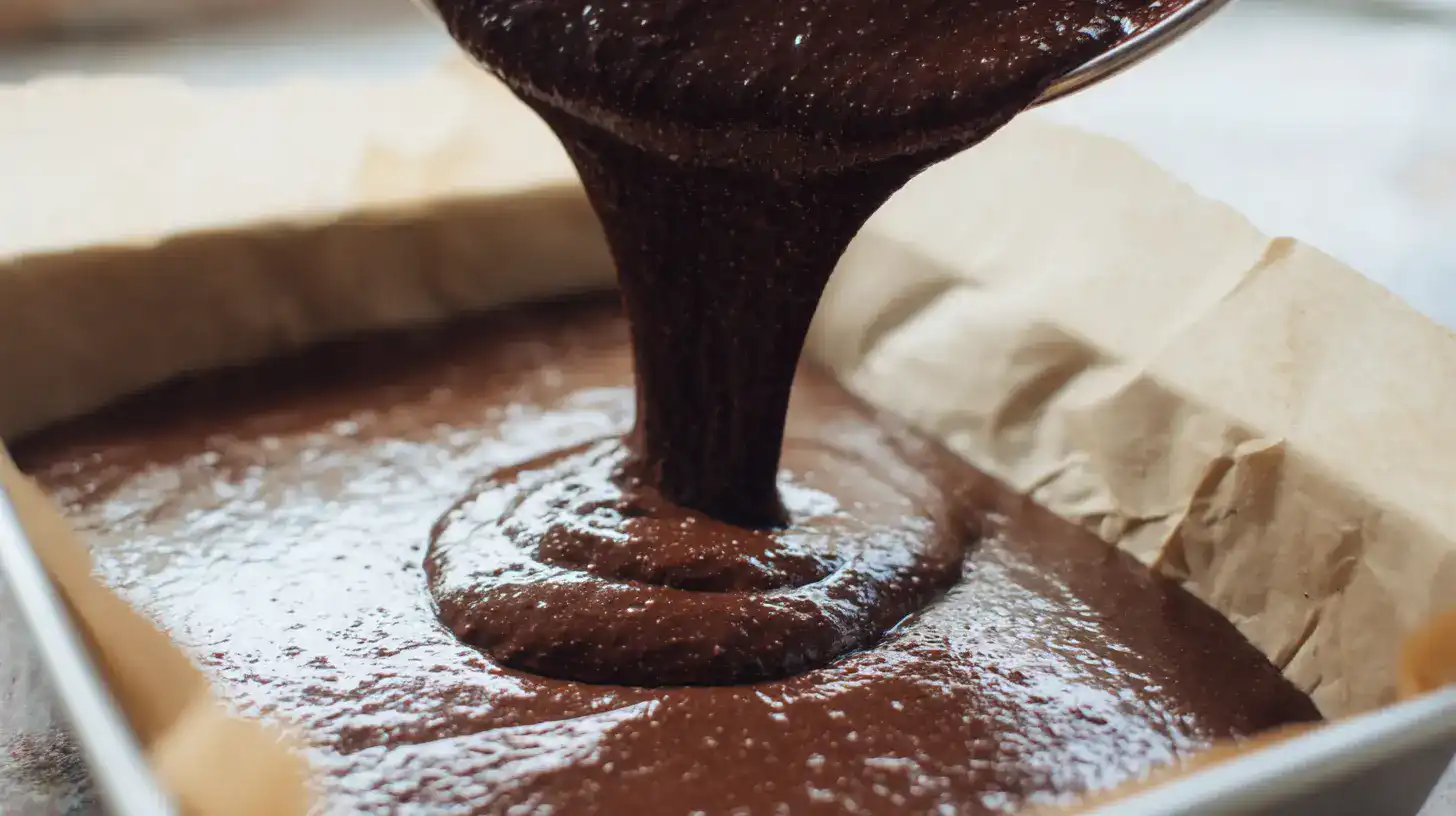 protein-brownies-step-batter Pouring protein brownie batter into baking pan