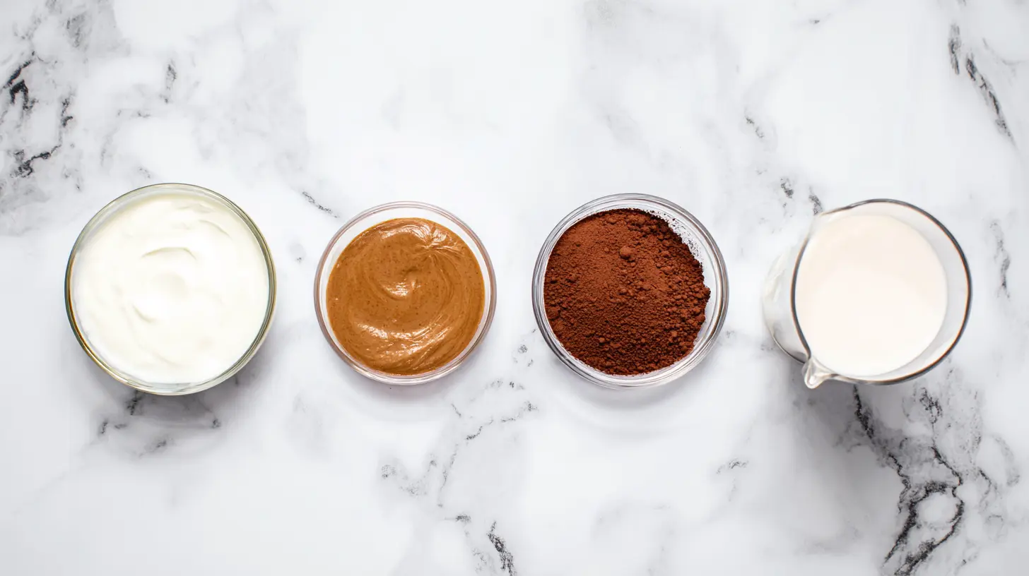 protein-dessert-ingredients Ingredients for healthy chocolate sugar free dessert with chocolate protein powder