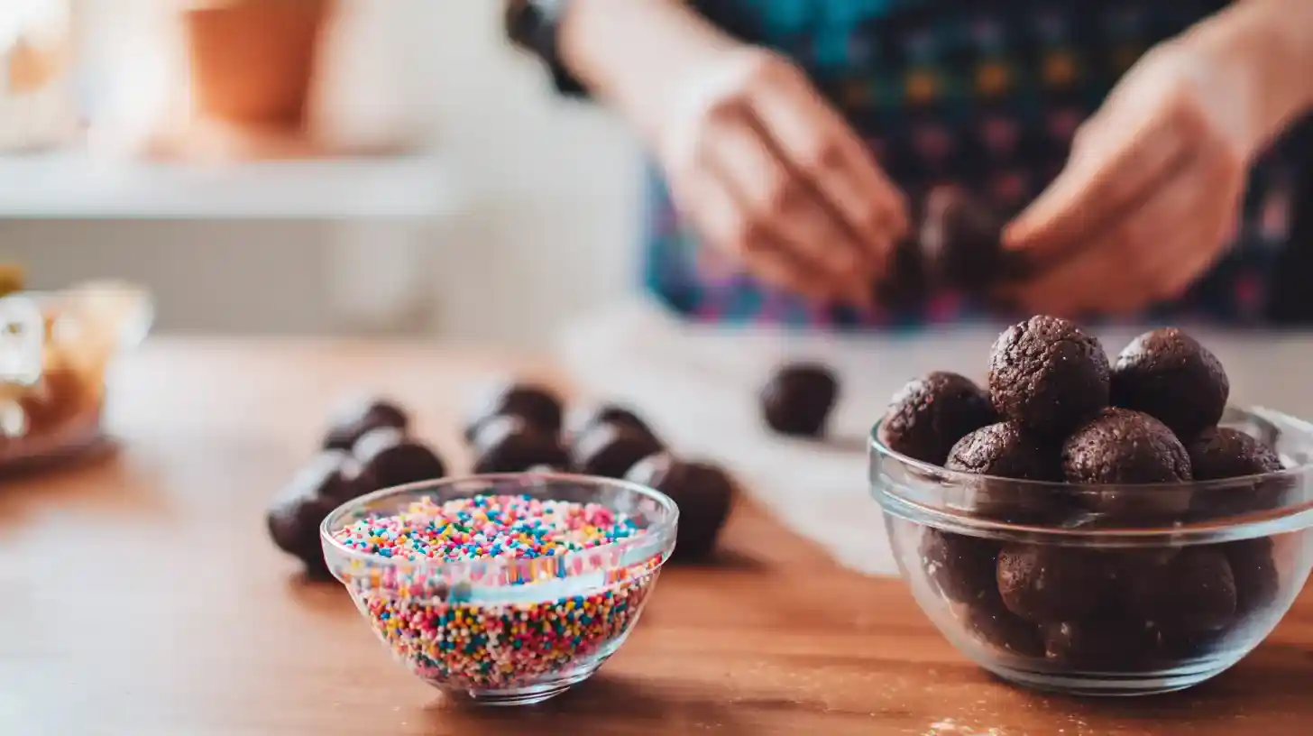 rolling-cosmic-brownie-protein-bites Hands rolling chocolate protein dough into bites with rainbow chips
