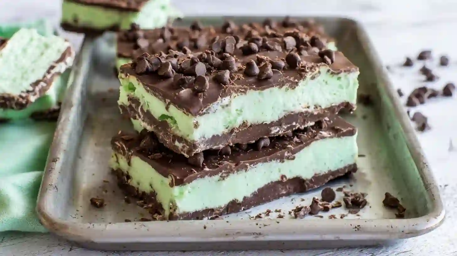 serving-mint-chocolate-chip-ice-cream-bars Plated mint chocolate chip ice cream bars ready to eat