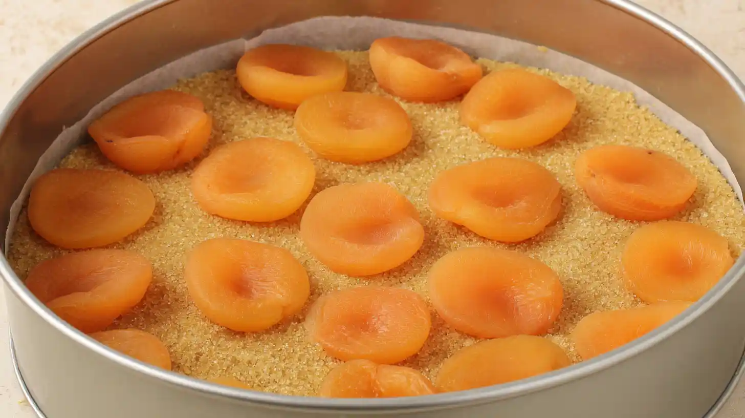 step1-mary-berry-apricot-cake-base-prep Step 1 of Mary Berry apricot cake recipe showing canned apricots cut-side down on a brown sugar base in a round tin. Perfect example of upside-down apricot cake preparation. Great for home baking for beginners and caramelized fruit cake dessert fans.
