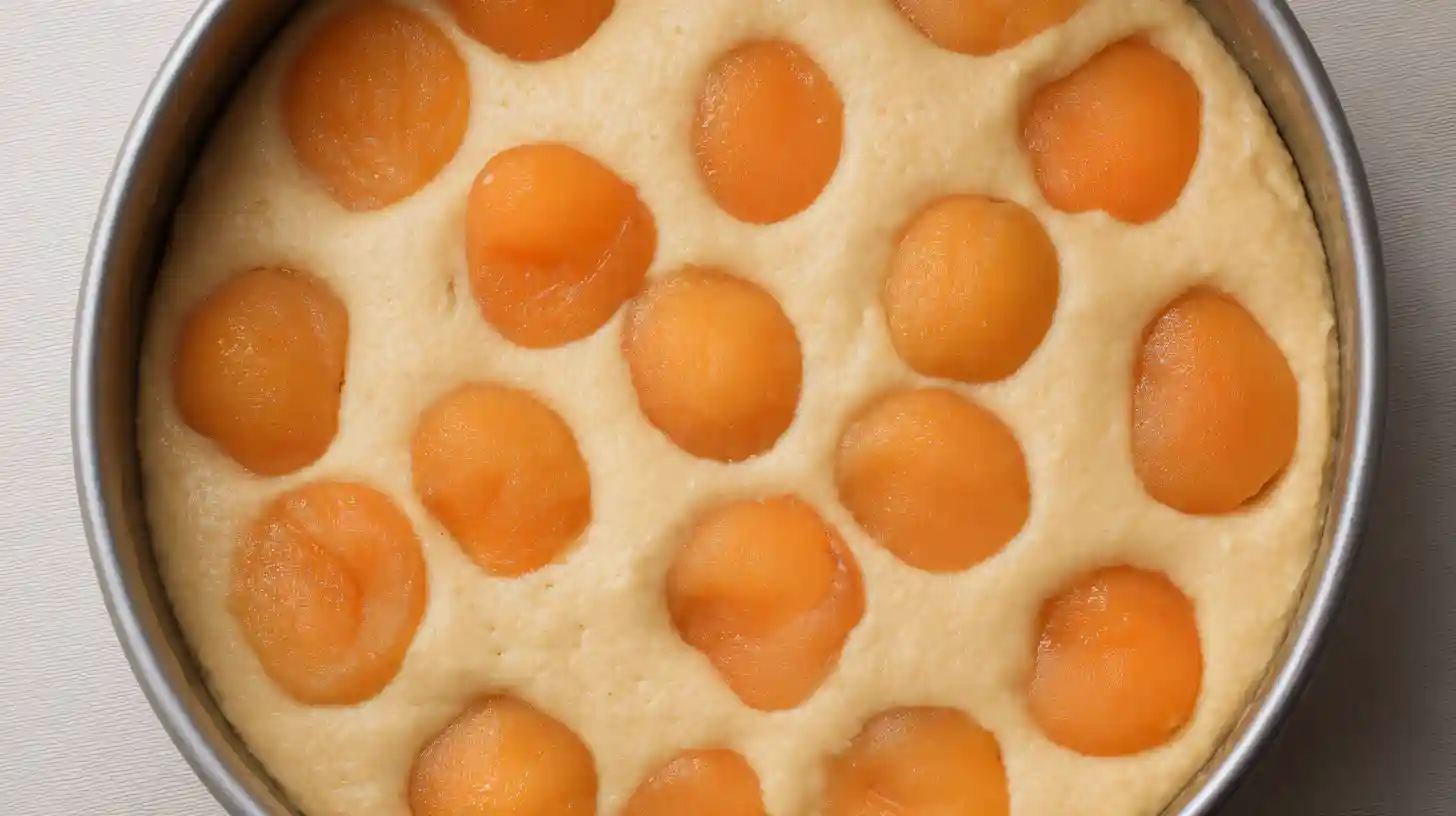 step3-apricot-cake-assemble-bake Canned apricots arranged in cake tin with smooth batter on top, ready to bake. Step 3 of Mary Berry apricot cake recipe. Perfect canned apricot dessert recipe for home baking beginners.